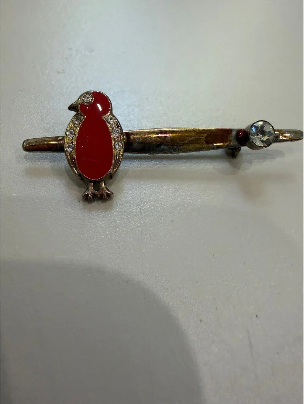 Vintage Bird Design Pin with Red Enamel and Rhinestones